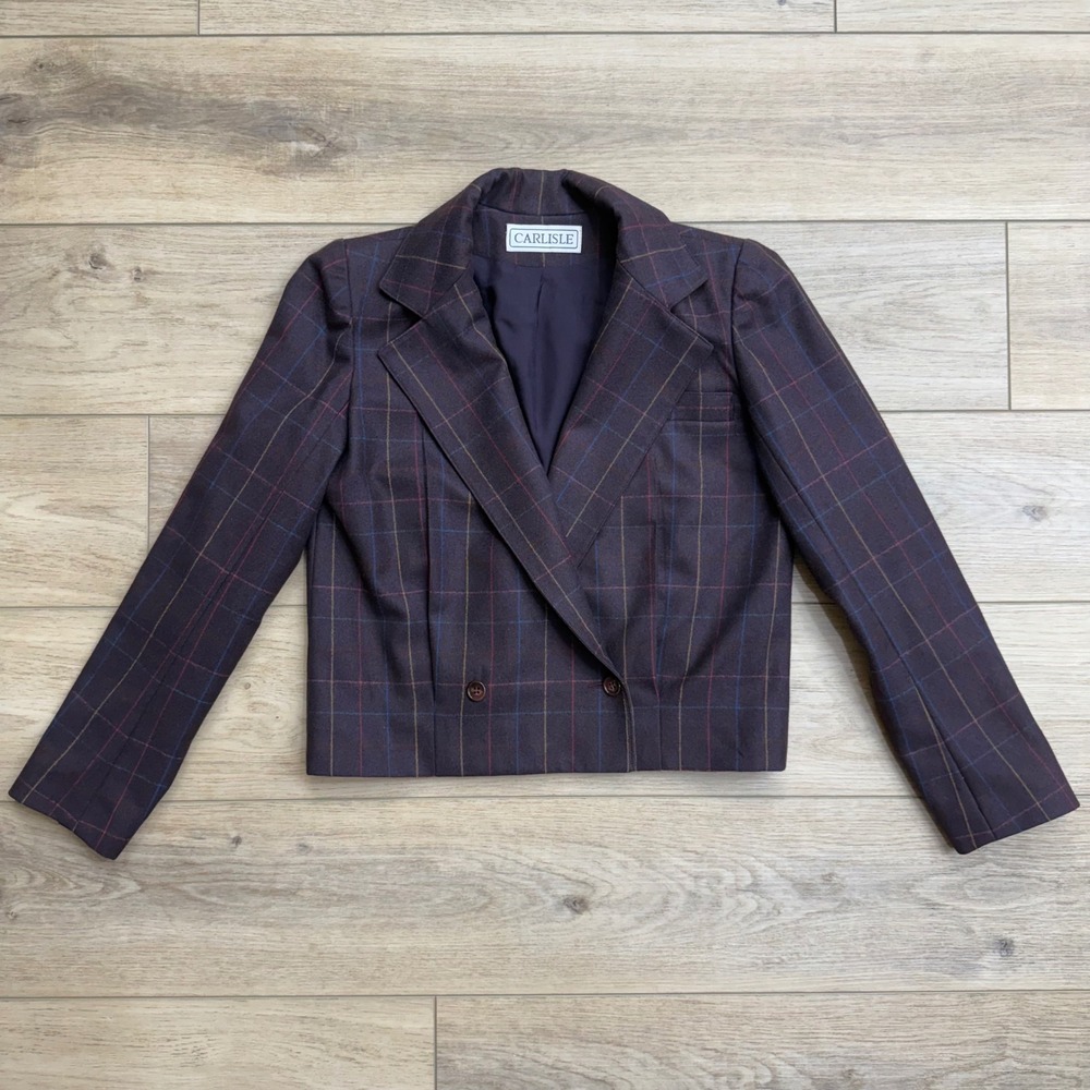Vintage CARLISLE Plaid Double Breasted Cropped Wool Blazer Jacket Twee Size 6